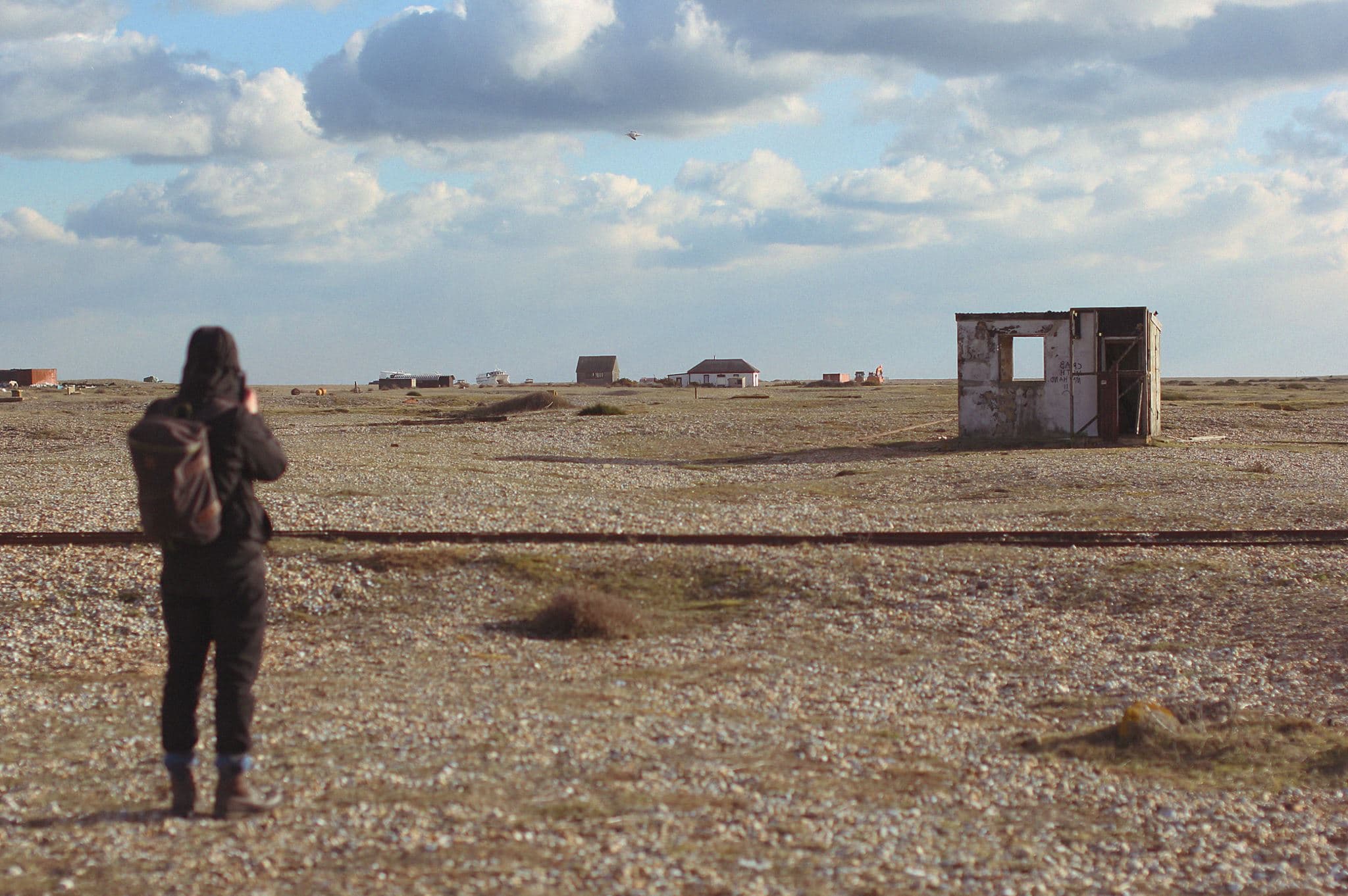 Milo standing on a shingle beach, photographing the landscape